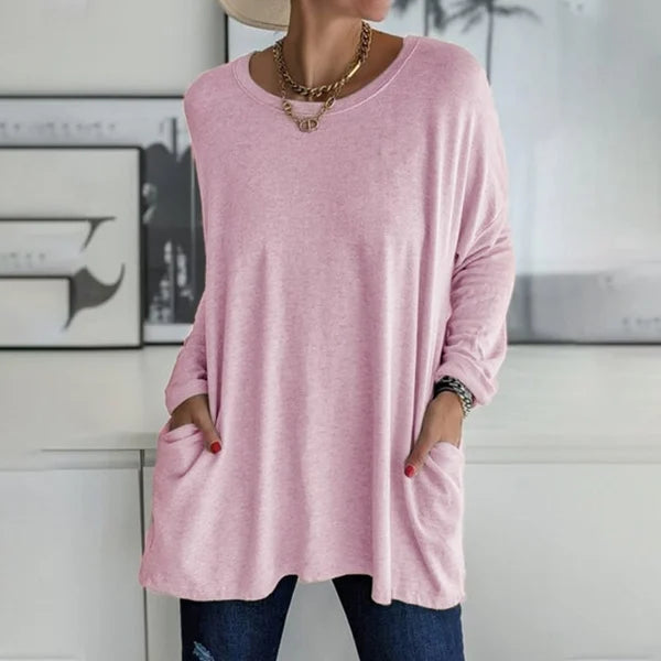 🔥Women's Round Neck Long Sleeve Loose Pocket T-Shirt
