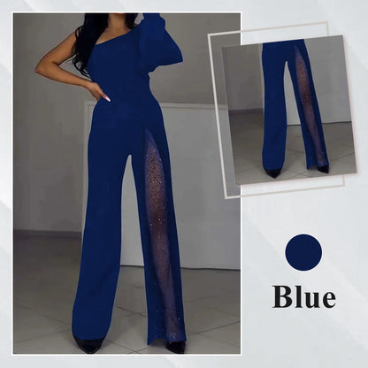 ✨50% OFF👠Sparkling One Shoulder Mesh Flared Jumpsuit🖤