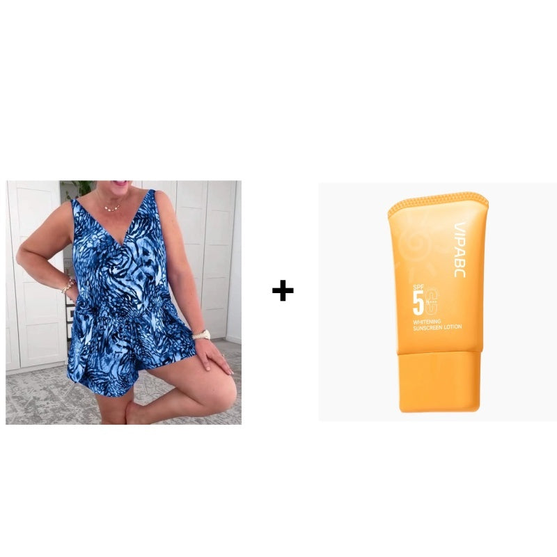 🌸Essential for a seaside holiday🌸Sleeveless V-Neck Printed Swimsuit 😍Free Sunscreen