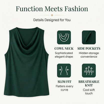 📢📢40% OFF !! ⏰ Elegant Slim Fit Cowl Neck Dress – Sleeveless, Side Pockets, Versatile ✨