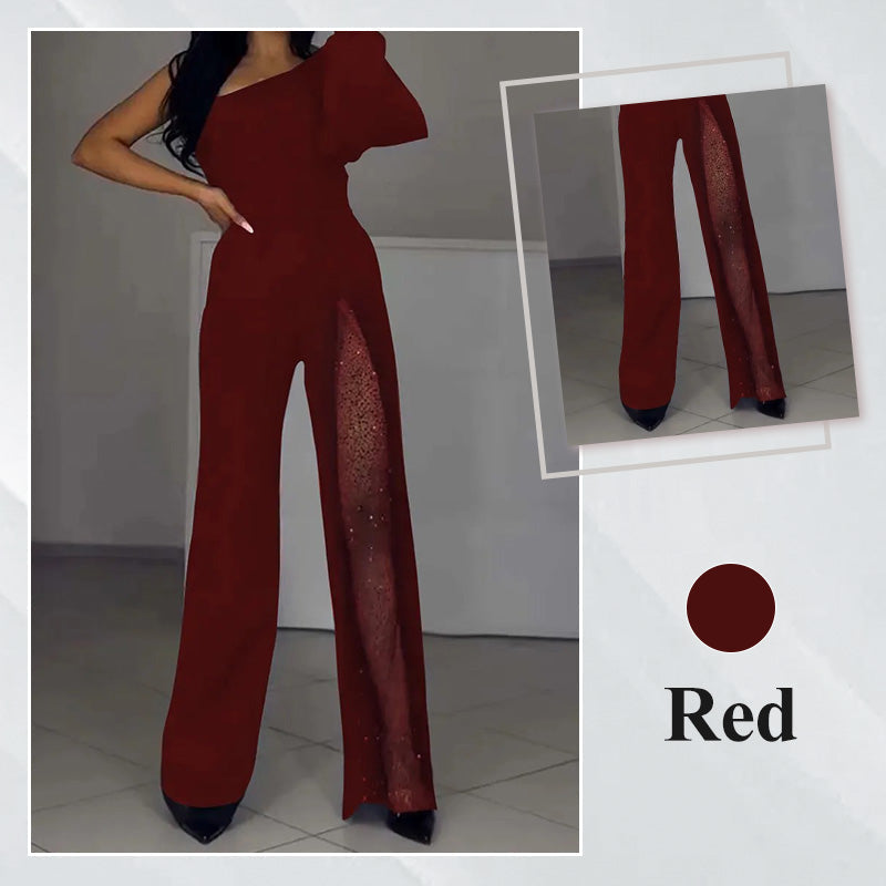 ✨50% OFF👠Sparkling One Shoulder Mesh Flared Jumpsuit🖤