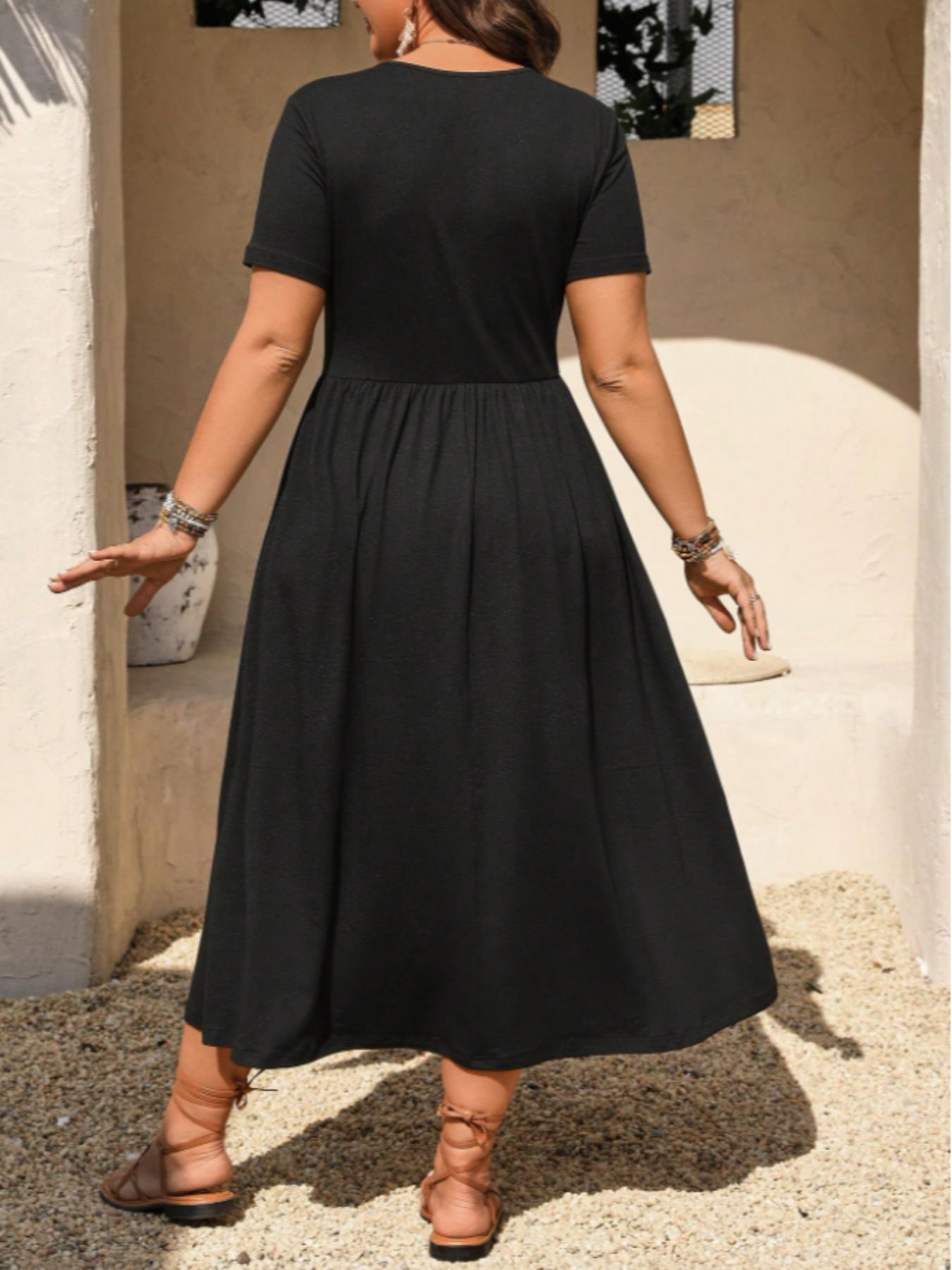 👗 LIMITED TIME 50% OFF! ✨ Plus Size V-Neck Ruched Short Sleeve Midi Dress with Flounce – A-Line Silhouette & Flowy Fabric 🌸