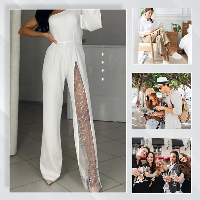 ✨50% OFF👠Sparkling One Shoulder Mesh Flared Jumpsuit🖤