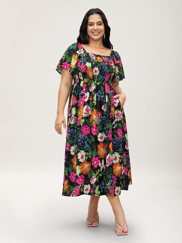 ⏰Summer Hot Sale 70% OFF💃Floral Smocked Square Neck Midi Dress with Pockets