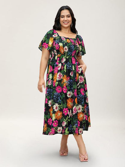 ⏰Summer Hot Sale 70% OFF💃Floral Smocked Square Neck Midi Dress with Pockets