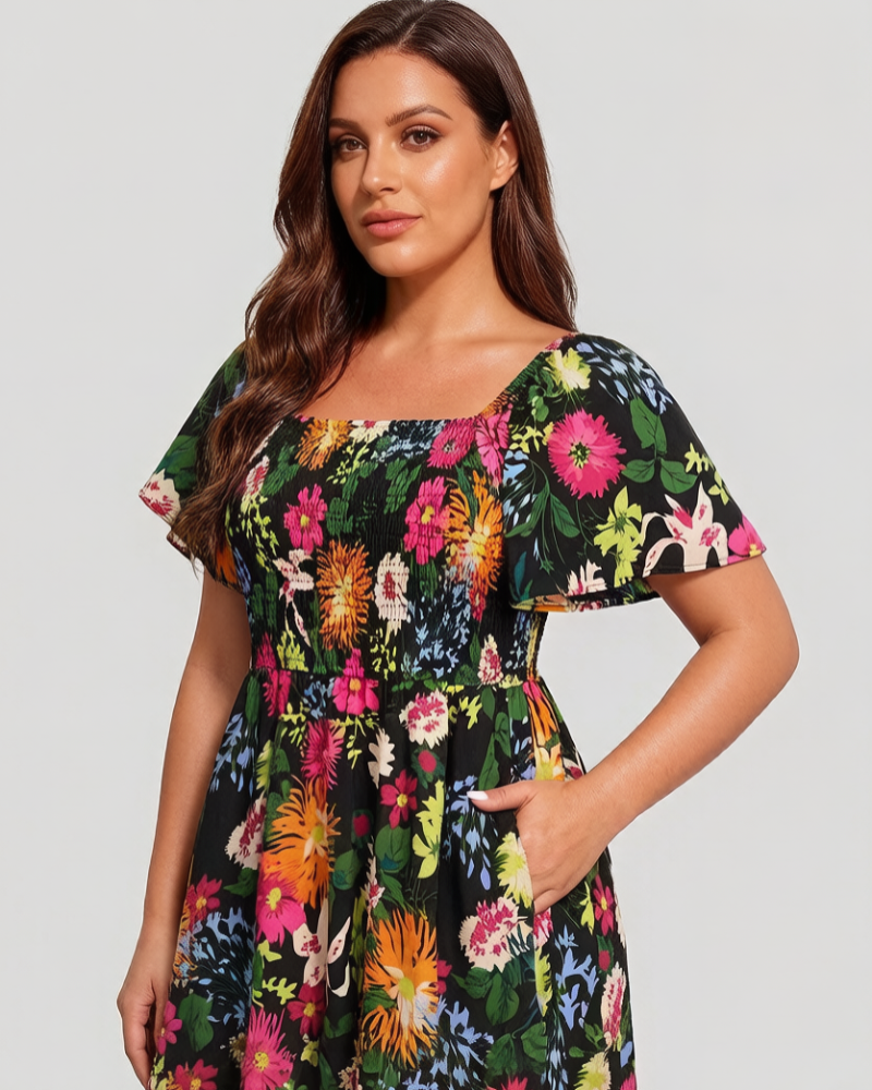 ⏰Summer Hot Sale 70% OFF💃Floral Smocked Square Neck Midi Dress with Pockets