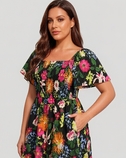 ⏰Summer Hot Sale 70% OFF💃Floral Smocked Square Neck Midi Dress with Pockets