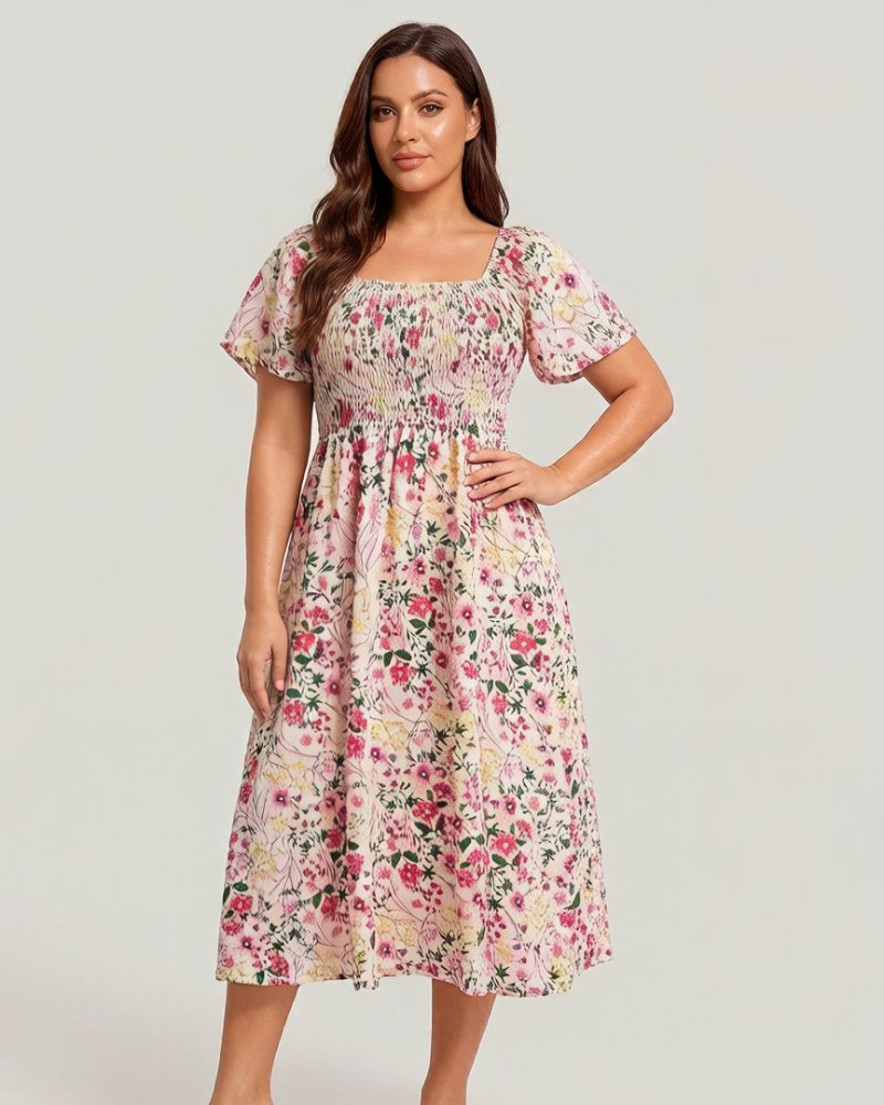 ⏰Summer Hot Sale 70% OFF💃Floral Smocked Square Neck Midi Dress with Pockets