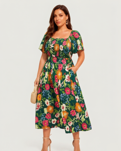 ⏰Summer Hot Sale 70% OFF💃Floral Smocked Square Neck Midi Dress with Pockets