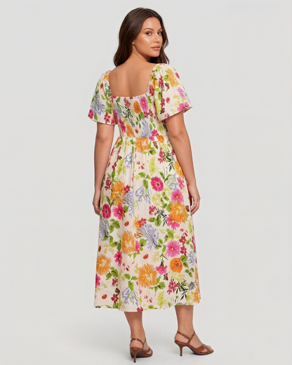 ⏰Summer Hot Sale 70% OFF💃Floral Smocked Square Neck Midi Dress with Pockets