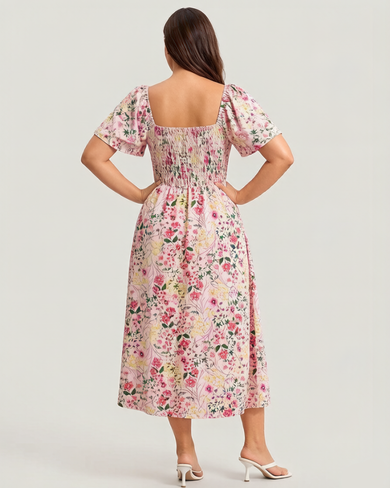 ⏰Summer Hot Sale 70% OFF💃Floral Smocked Square Neck Midi Dress with Pockets
