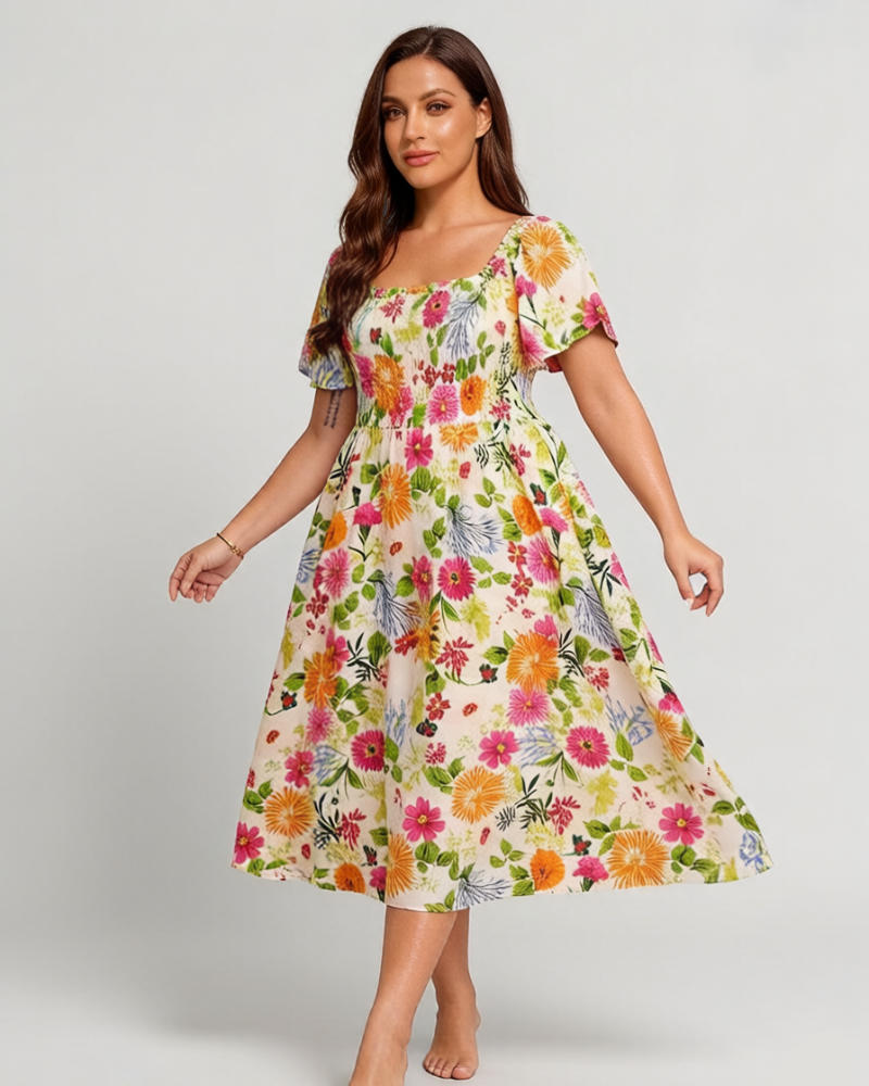 ⏰Summer Hot Sale 70% OFF💃Floral Smocked Square Neck Midi Dress with Pockets
