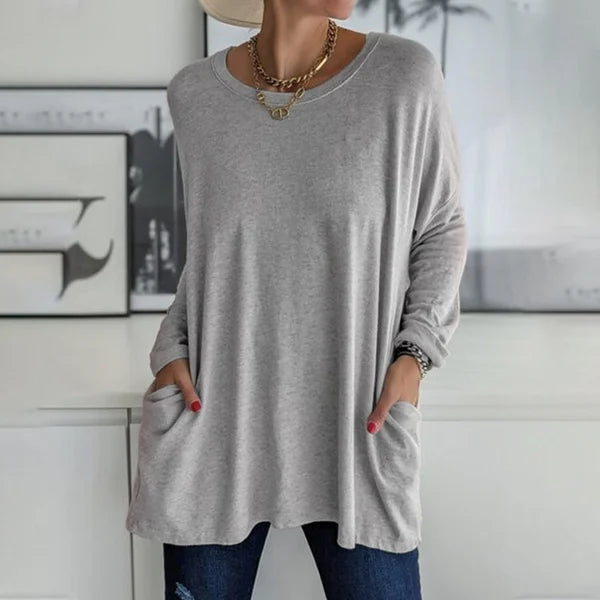 🔥Women's Round Neck Long Sleeve Loose Pocket T-Shirt