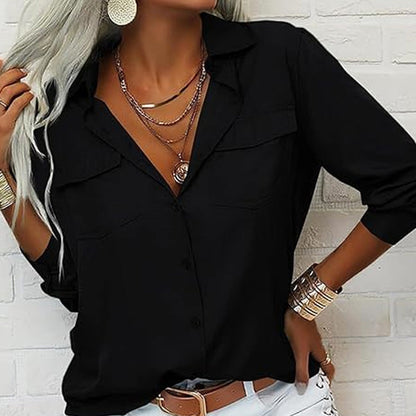 👔 LIMITED-TIME 50% OFF! 💥 Women's Solid Lapel Long Sleeve Button-Down Shirt – V-Neck, Chest Pockets, Loose Fit ✨