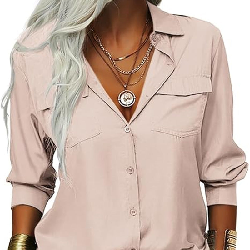 👔 LIMITED-TIME 50% OFF! 💥 Women's Solid Lapel Long Sleeve Button-Down Shirt – V-Neck, Chest Pockets, Loose Fit ✨