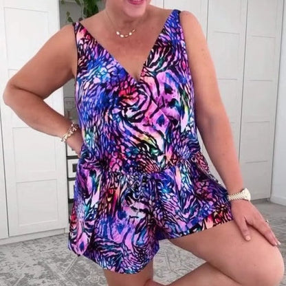 🌸Essential for a seaside holiday🌸Sleeveless V-Neck Printed Swimsuit 😍Free Sunscreen