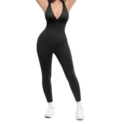 💞50K+ SOLD!🌸High-Stretch V-Neck Jumpsuit – All-day ease for fitness & beyond. Breathable, flexible & effortlessly chic. Your go-to for movement. 🧘‍♀️💫
