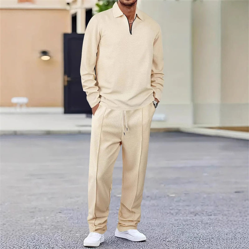 👔 LIMITED-TIME 50% OFF! ✨ Men's Sweatshirt & Pants Set – Waffle Knit, Quarter-Zip, Relaxed Fit, Loungewear ✨