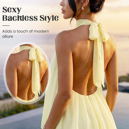 👗 50% OFF! Women's Flowy Halter Drop-Waist Mini Dress | Elegant Backless | Tiered Layered Fabric | Relaxed Flattering Fit | 5 Colors S-2XL 🌸✨