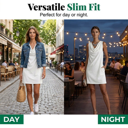 📢📢40% OFF !! ⏰ Elegant Slim Fit Cowl Neck Dress – Sleeveless, Side Pockets, Versatile ✨