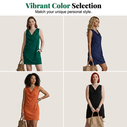 📢📢40% OFF !! ⏰ Elegant Slim Fit Cowl Neck Dress – Sleeveless, Side Pockets, Versatile ✨