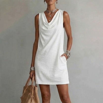 📢📢40% OFF !! ⏰ Elegant Slim Fit Cowl Neck Dress – Sleeveless, Side Pockets, Versatile ✨