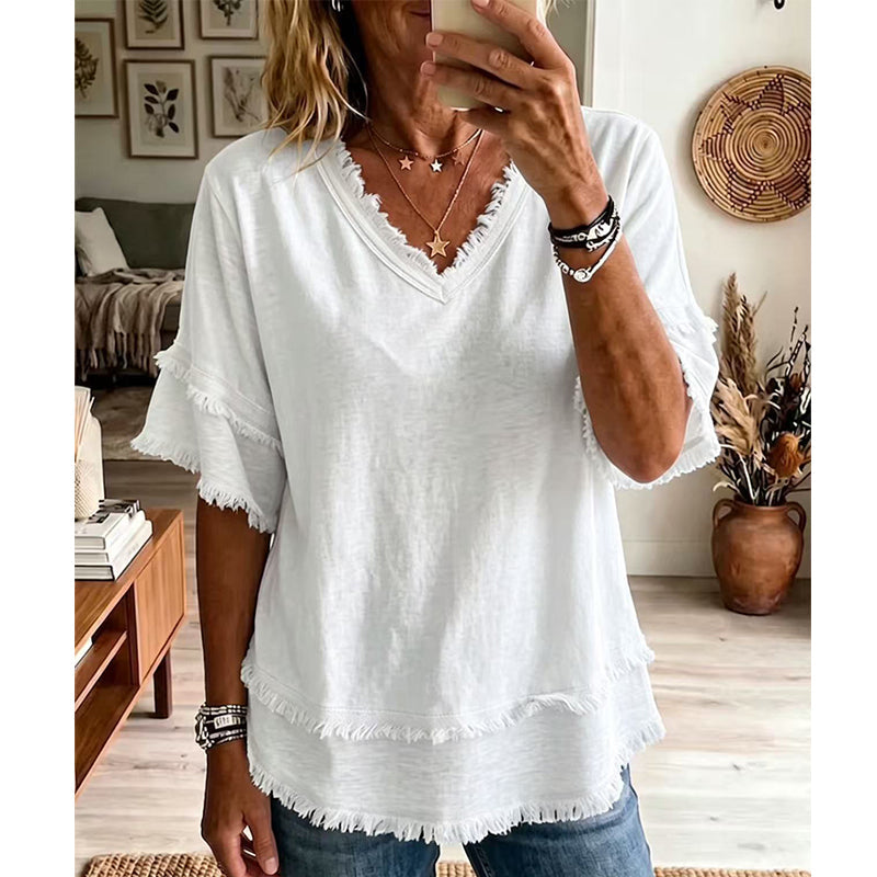 💖Women's Boho V-Neck T-Shirt with Frayed Edges 🌿 – Loose Fit, Breathable Summer Top in Soft Cotton👚