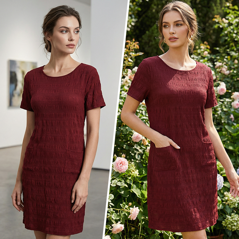 ⌛Limited-time Offer👗 Women's Round Neck Textured Knee-Length Dress- Made For Everyday Life✨