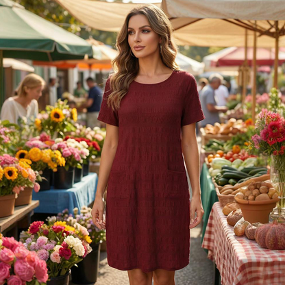 ⌛Limited-time Offer👗 Women's Round Neck Textured Knee-Length Dress- Made For Everyday Life✨