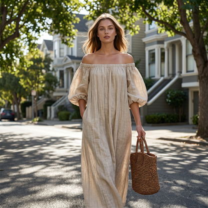 👗New Arrivals 50% OFF💥Women’s Off-Shoulder Lantern Sleeve Maxi Dress Elegant Long Dress for Party & Daily Wear