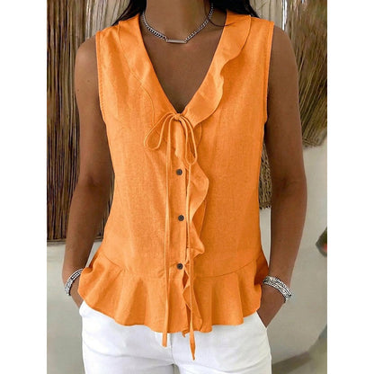 🌬️ Lightweight Ruffle Trim Top — Breezy Chiffon Fabric | V-Neck | Keeps You Cool on Warm Days