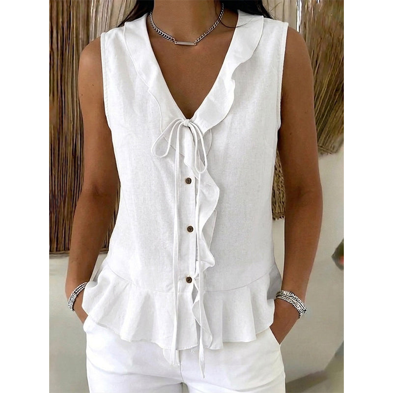 🌬️ Lightweight Ruffle Trim Top — Breezy Chiffon Fabric | V-Neck | Keeps You Cool on Warm Days