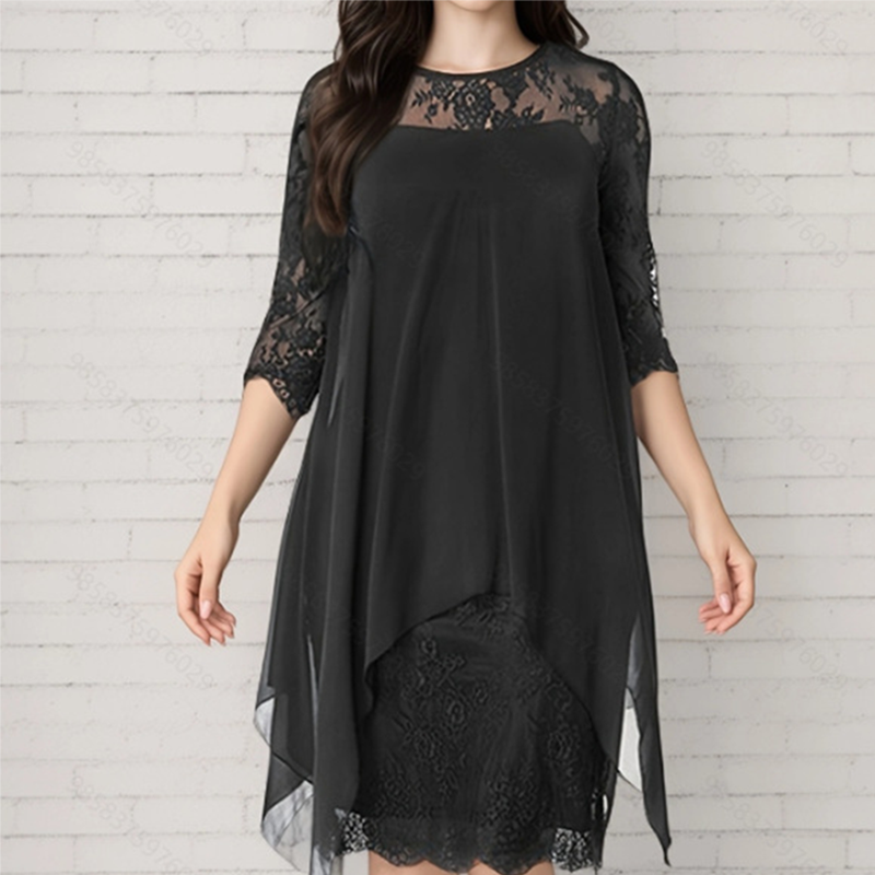 Women's Elegant High-Low Hem Lace Overlay Dress