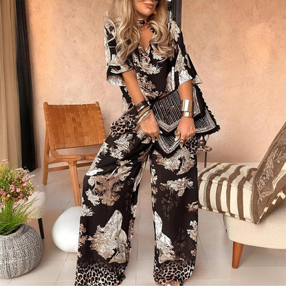 Women's Casual Printed V-Neck Top and Long Pants Set